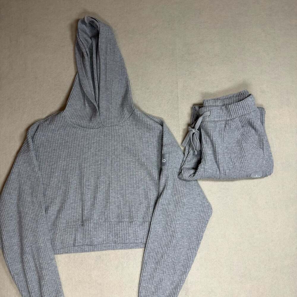 Alo Yoga Muse Hoodie Jogger Set Womens XXS Athletic Heather Grey Ribbed Lounge